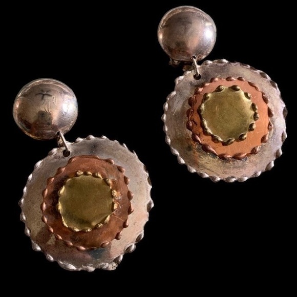 Vintage Estate Three Tone Metal Clip On Dangle Earrings Jewelry Silver Copper - Picture 3 of 6